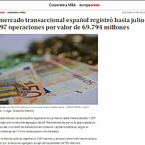 El mercado transaccional espaol registr hasta julio 1.597 operaciones por valor de 69.794 millones